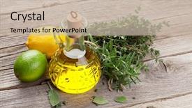  Presentation with olive oil - Beautiful presentation design featuring olive oil and fresh garden herbs on wooden table backdrop and a soft green colored foreground