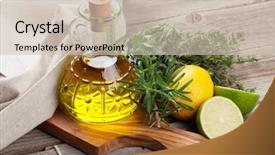  Presentation with olive - Slide set featuring olive oil and fresh garden herbs on wooden table background and a soft green colored foreground