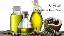  Presentation with olive oil - Audience pleasing slide set consisting of olive oil and olive berries backdrop and a white colored foreground