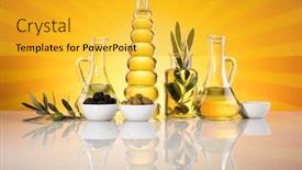  Presentation with olive branch - Slide set featuring olive-oil-bottles-olive-branch background and a gold colored foreground