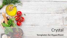  Presentation with italian food - Colorful PPT theme enhanced with olive oil herbs and spices backdrop and a light gray colored foreground