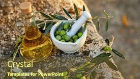  Presentation with olive branch - Audience pleasing PPT theme consisting of olive-oil-in-the-bottle backdrop and a tawny brown colored foreground