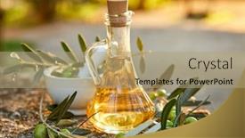  Presentation with olive branch - Beautiful PPT theme featuring olive-oil-in-the-bottle backdrop and a coral colored foreground
