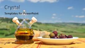  Presentation with olive - Audience pleasing PPT theme consisting of olive oil olives and bread on the table against tuscan landscape italy backdrop and a light blue colored foreground