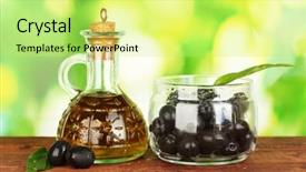  Presentation with olive green - Amazing slides having olive oil small decanter on green background close-up backdrop and a yellow colored foreground