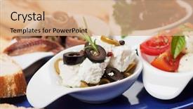  Presentation with appetizers - Theme having olive salad with other mediterranean background and a coral colored foreground