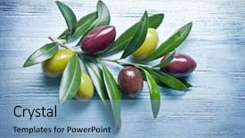  Presentation with blue aged wood sign - Presentation with olive twig on blue wooden background and a light blue colored foreground