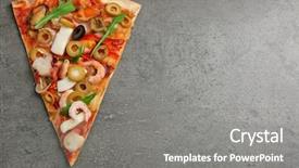  Presentation with red grey - Audience pleasing PPT layouts consisting of pizza slice with seafood red pepper and olives on grey background backdrop and a gray colored foreground
