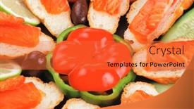  Presentation with salmon dish - Audience pleasing PPT layouts consisting of olives salmon and pepper served on dish backdrop and a red colored foreground
