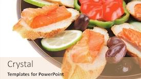  Presentation with salmon dish - Theme with olives salmon and pepper served on dish background and a yellow colored foreground