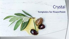  Presentation with olive oil and berries - Slide set with olives with leaves and oil background and a sky blue colored foreground