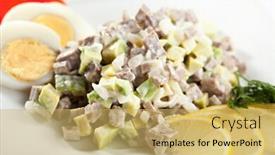 Presentation with russian - Audience pleasing presentation theme consisting of olivier russian salad dressed with lemon slice and egg backdrop and a yellow colored foreground