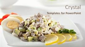  Presentation with russian - Audience pleasing PPT theme consisting of olivier russian salad dressed with lemon slice and egg backdrop and a sky blue colored foreground