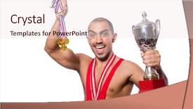  Presentation with red gold white - Colorful slide deck enhanced with olympic gold medal - wrestler in red dress isolated backdrop and a sky blue colored foreground