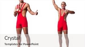  Presentation with wrestler - Presentation theme consisting of olympic gold medal - young wrestler isolated background and a light gray colored foreground