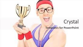  Presentation with award trophy for champion - Presentation theme having olympic medals - young male champion holding background and a sky blue colored foreground