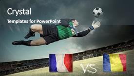  Presentation with teams - Audience pleasing PPT theme consisting of olympic shooting - football player on soccer field backdrop and a dark gray colored foreground