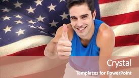  Presentation with adventure sports man - Audience pleasing presentation theme consisting of olympic torch - sporty man thumb up backdrop and a coral colored foreground