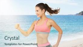  Presentation with woman sport - PPT layouts enhanced with om - young woman running om beach background and a sky blue colored foreground