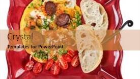  Presentation with green plate - Beautiful PPT layouts featuring omelette-with-sausage-and-sweet backdrop and a gold colored foreground