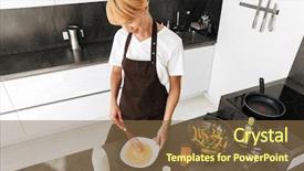  Presentation with apron - Presentation design consisting of omellettes - attractive healthy woman wearing apron background and a tawny brown colored foreground