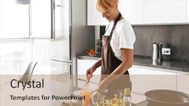  Presentation with apron - Colorful presentation design enhanced with omellettes - attractive healthy woman wearing apron backdrop and a coral colored foreground