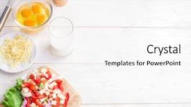  Presentation with cut - Colorful presentation design enhanced with omellettes - omelette ingredients eggs fresh cut backdrop and a white colored foreground