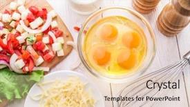  Presentation with cut - Presentation theme having omellettes - omelette ingredients eggs fresh cut background and a  colored foreground