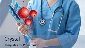  Presentation with cancer cell - Slide deck consisting of oncology cell - doctor with stethoscope and clipboard background and a teal colored foreground