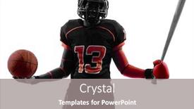  Presentation with base - PPT layouts enhanced with one american football player holding basket base ball bat in silhouette shadow on white background background and a gray colored foreground