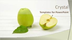  Presentation with green apples - Slide deck having one and a half green apples on white wooden background background and a sky blue colored foreground