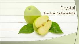  Presentation with green apples - Amazing PPT theme having one and a half green apples on white wooden background backdrop and a cream colored foreground