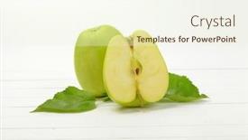  Presentation with green apples - Theme with one and a half green apples on white wooden background background and a cream colored foreground