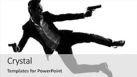  Presentation with gun shooting target - PPT theme featuring one asian gunman killer jumping background and a light gray colored foreground