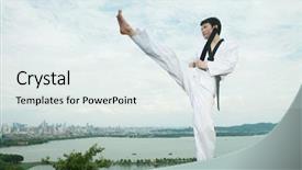  Presentation with taekwondo - PPT layouts featuring asian man playing with taekwondo background and a sky blue colored foreground