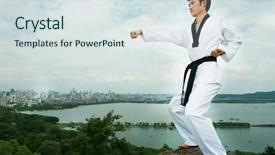  Presentation with taekwondo - Colorful slide deck enhanced with one asian man playing backdrop and a sky blue colored foreground