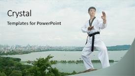  Presentation with taekwondo - Theme having one asian man playing background and a sky blue colored foreground