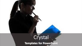  Presentation with files - Theme with one business woman focused holding folders files silhouette studio isolated on white background background and a dark gray colored foreground