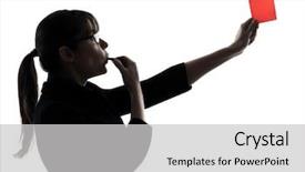  Presentation with business card - Amazing presentation theme having portrait female referee - one business woman showing red backdrop and a light gray colored foreground