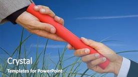  Presentation with baton - Colorful PPT theme enhanced with one businessman passing a red backdrop and a teal colored foreground