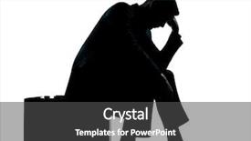 Presentation with despair - Beautiful slide deck featuring one caucasian business man sitting on suitcase tired despair silhouette full length in studio isolated on white background backdrop and a dark gray colored foreground