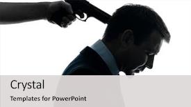  Presentation with gun - Colorful presentation design enhanced with one caucasian businessman with gun backdrop and a light gray colored foreground