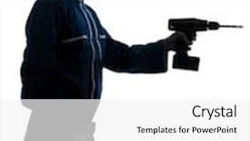  Presentation with drill - Presentation design enhanced with one caucasian man construction worker holding drill silhouette in studio on white background background and a white colored foreground