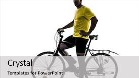  Presentation with mountain bike - Presentation design featuring one caucasian man exercising bicycle mountain bike standing on white background background and a light gray colored foreground