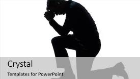  Presentation with kneeling - Slides enhanced with one caucasian man kneeling sadness background and a light gray colored foreground