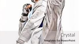  Presentation with taekwondo - Amazing PPT theme having one-caucasian-man-practicing-taekwondo backdrop and a light gray colored foreground
