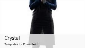  Presentation with frying - Cool new slides with one caucasian woman cooking hiding behind frying pan in silhouette studio isolated on white background backdrop and a white colored foreground