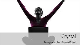 Presentation with winning - Presentation theme enhanced with one caucasian woman happy winning computing laptop computer in silhouette studio isolated on white background background and a light gray colored foreground