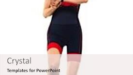  Presentation with ironman - PPT theme enhanced with one caucasian woman practicing triathlon triathlete ironman runner running jogger jogging in studio shot isolated on white background background and a sky blue colored foreground