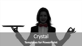  Presentation with butler - Audience pleasing slide deck consisting of one caucasian woman waiter butler holding empty tray zen gesturing in silhouette on white background backdrop and a gray colored foreground